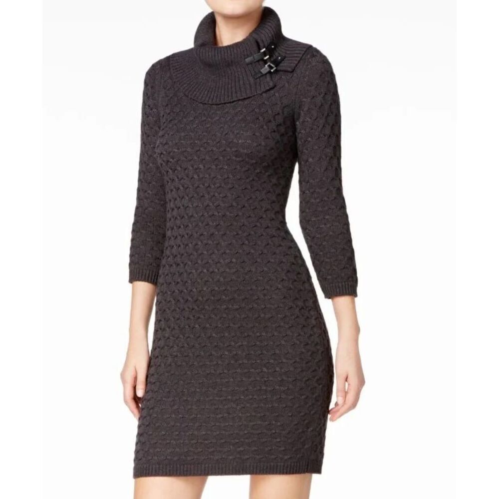 Calvin Klein Dress Charcoal Gray Textured Knit Buckled Cowl Neck Size L Career